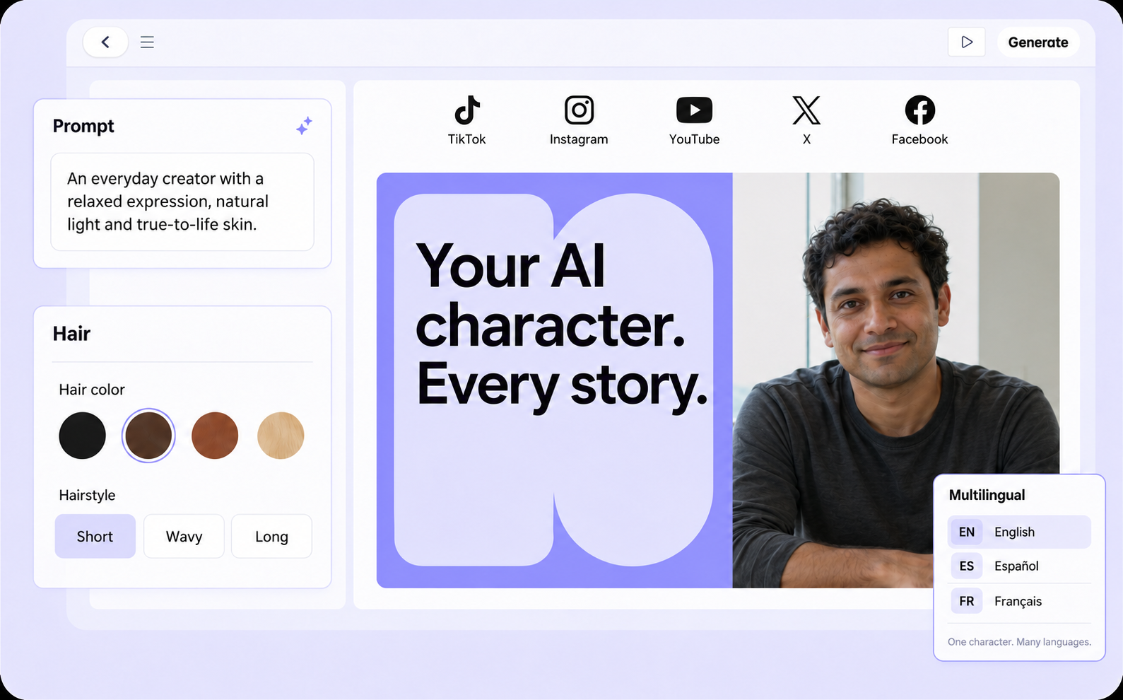 Avatiko character studio illustration with a prompt, hair color and hairstyle choices, social platform logos, and multilingual support